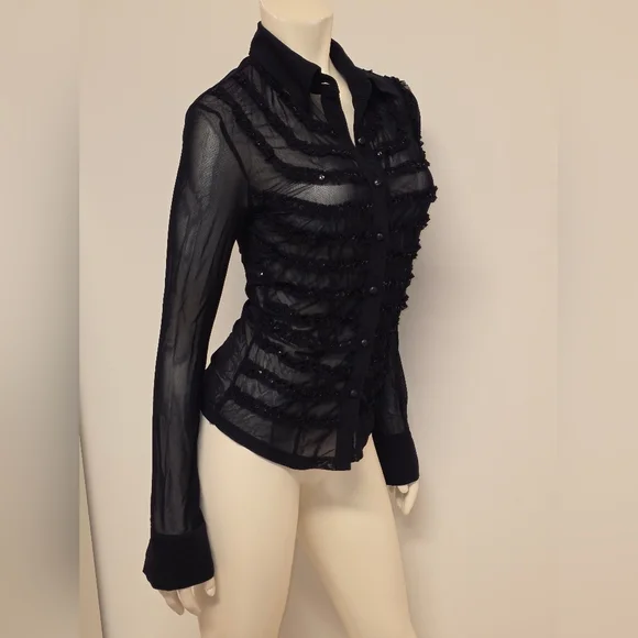 TAGLIA42 Black Sheer Ruffle-Trim Button-Up Blouse - Picture 6 of 8